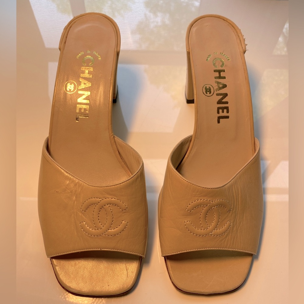Chanel CC stitched slides. Size 38 1/2. TTS. 3” heel. Barely worn